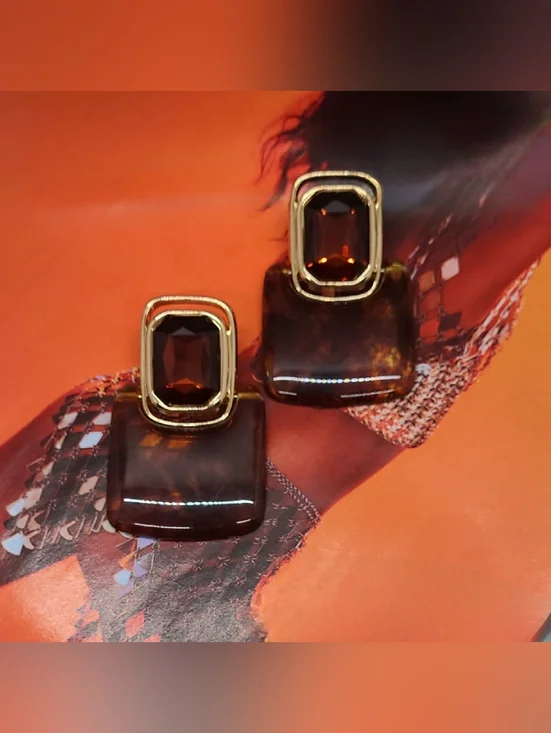 Vintage Retro Large Crystal Rootbeer Geometric Doorknocker Gold Drop Earrings - Picture 8 of 14